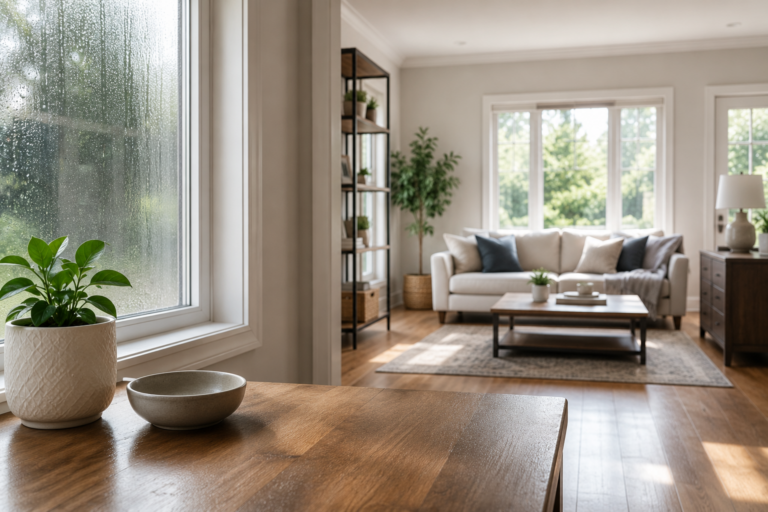 a visibly clean home with a white couch, plants, bookshelf, and a window with condensation