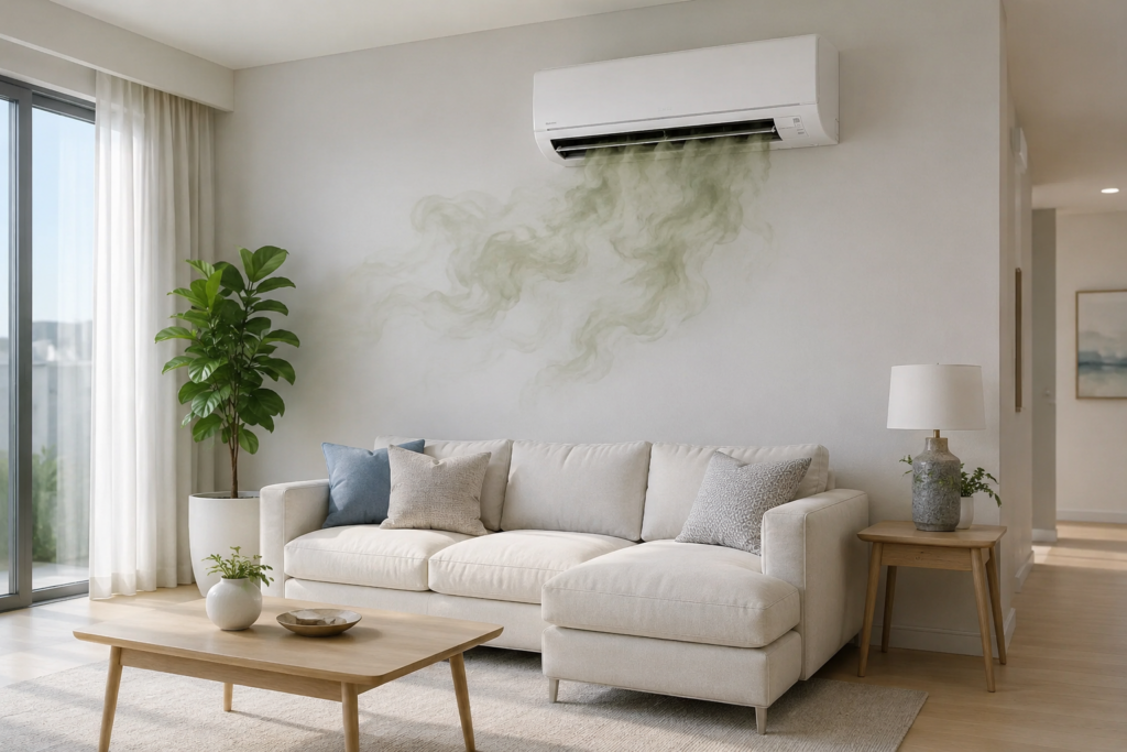 spotless room with a heat pump with odor coming from it