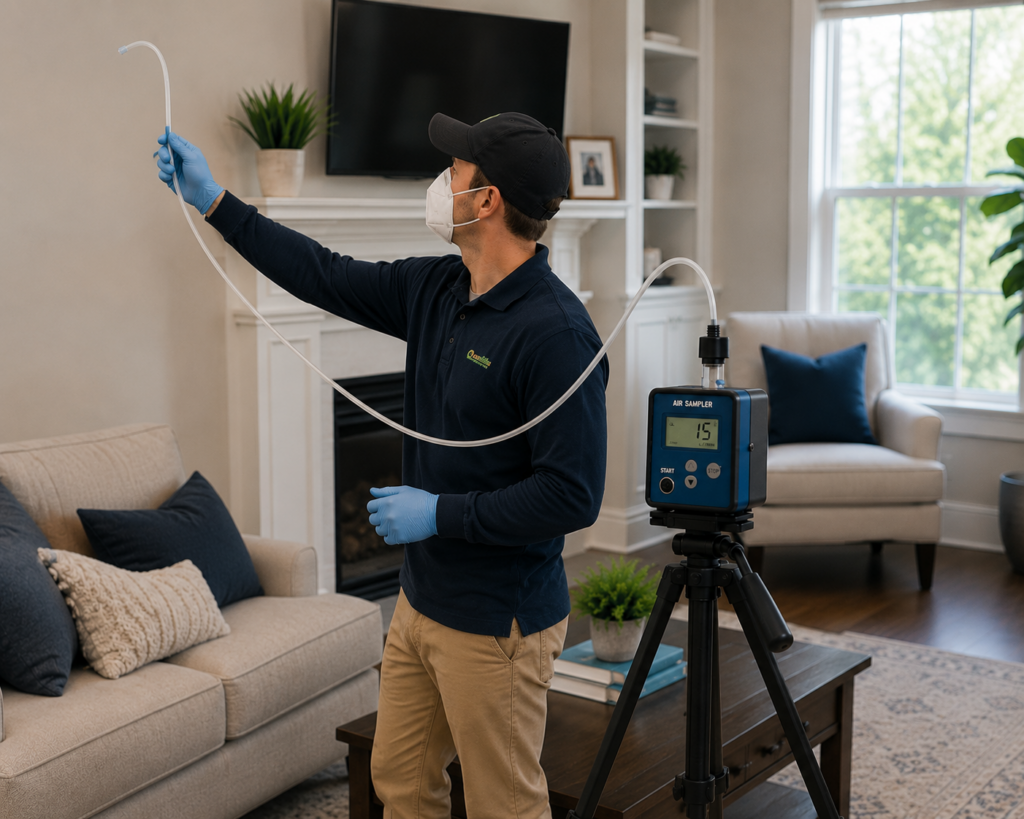 Technician performing professional mold air sampling in a residential living room using a calibrated air testing pump.