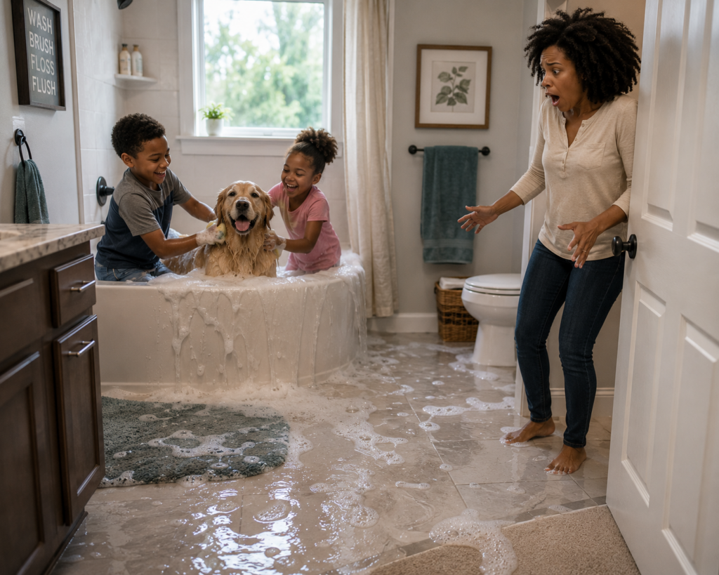 Surprise bathtime chaos as water goes all over the place and mom walks in