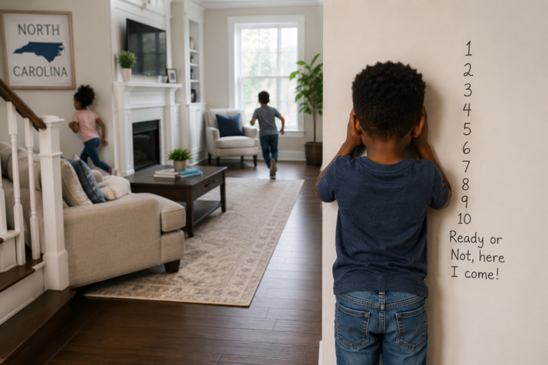Children playing hide and seek in a suburban home in north carolina.