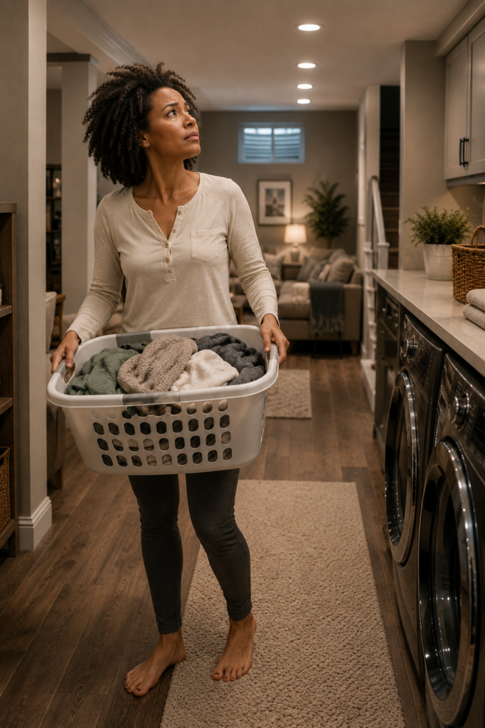 Mom carrying laundry stops to look and see where the smell is coming from