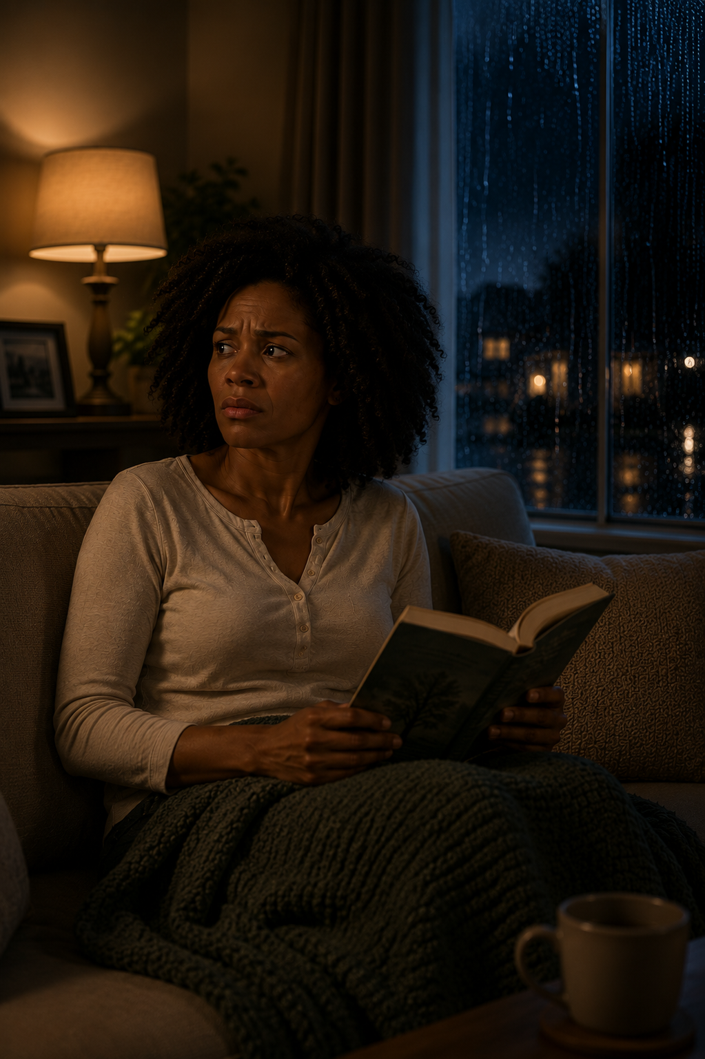 rainy nights a woman is reading a book and notices a smell as it's raining heavily outside.