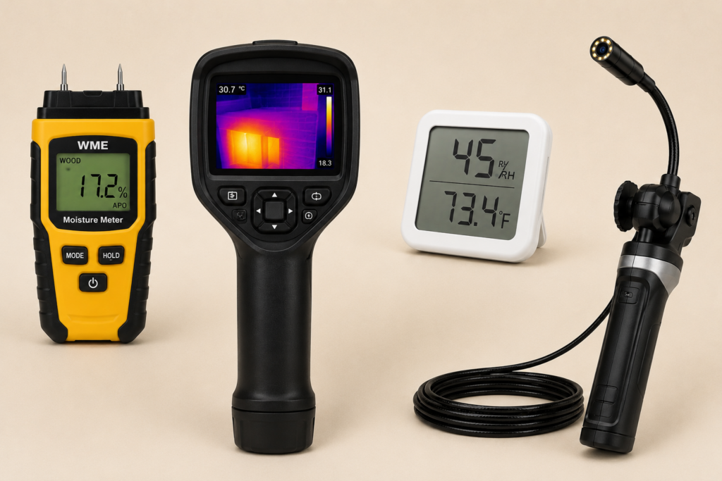 moisture meter, thermal imaging camera, hygrometer, and borescope