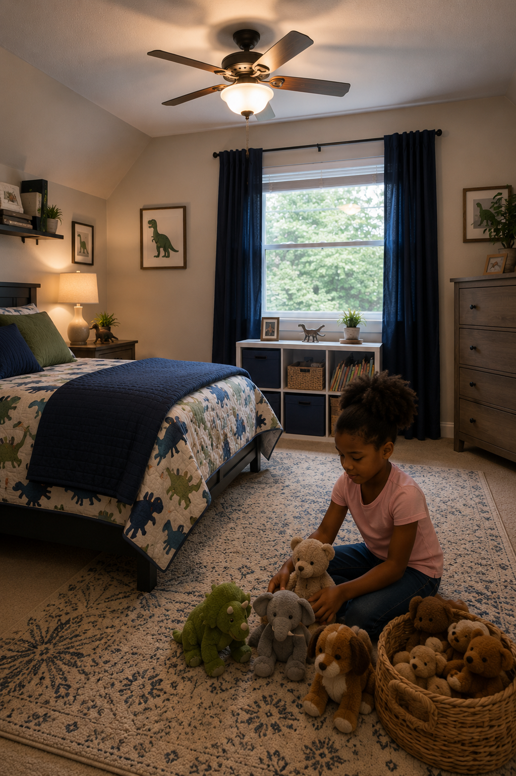 upstairs bedroom a young girl plays with her stuffies in an upstairs bedroom.