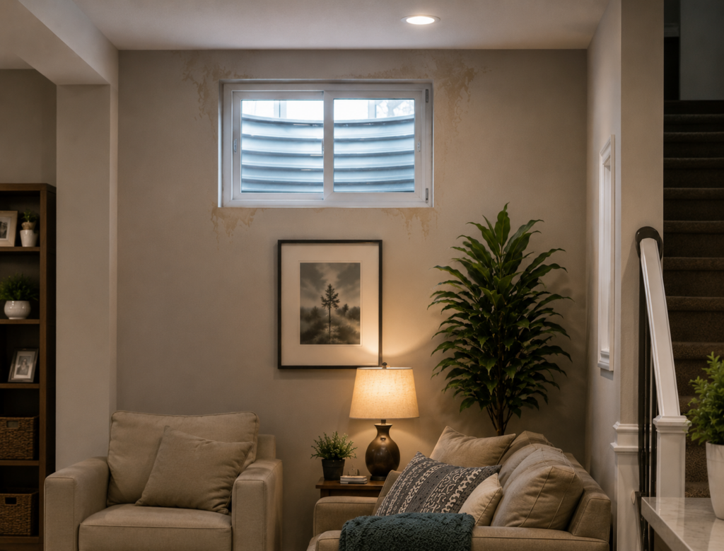 image sshowing a window in a finished basement that has water stains