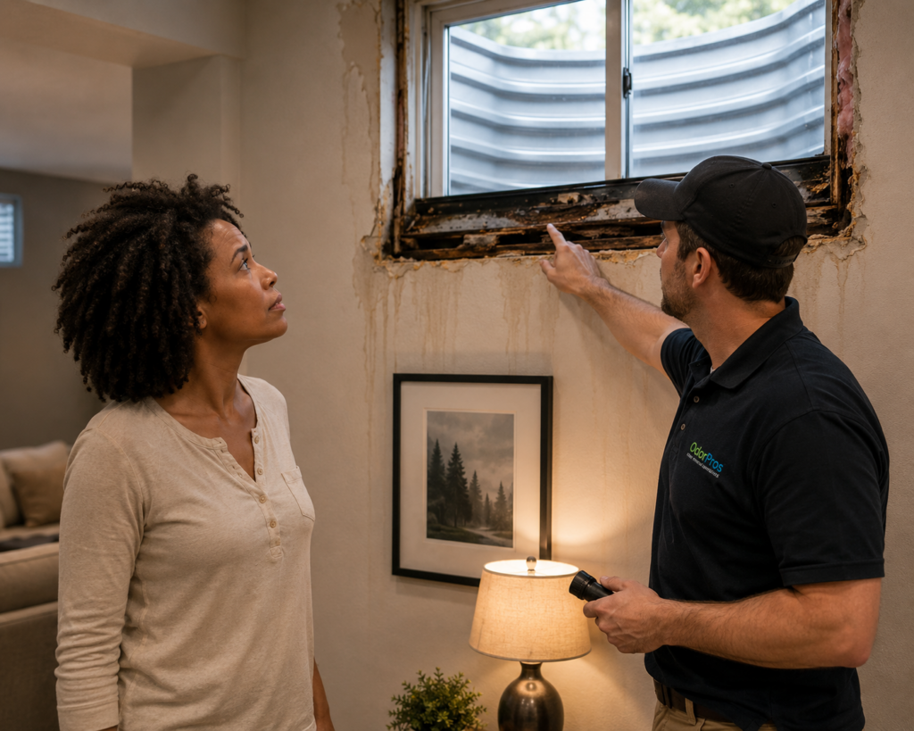 Carolina homeowner is shown how water has damaged the sill of the window and allowed water to get inbetween the walls.