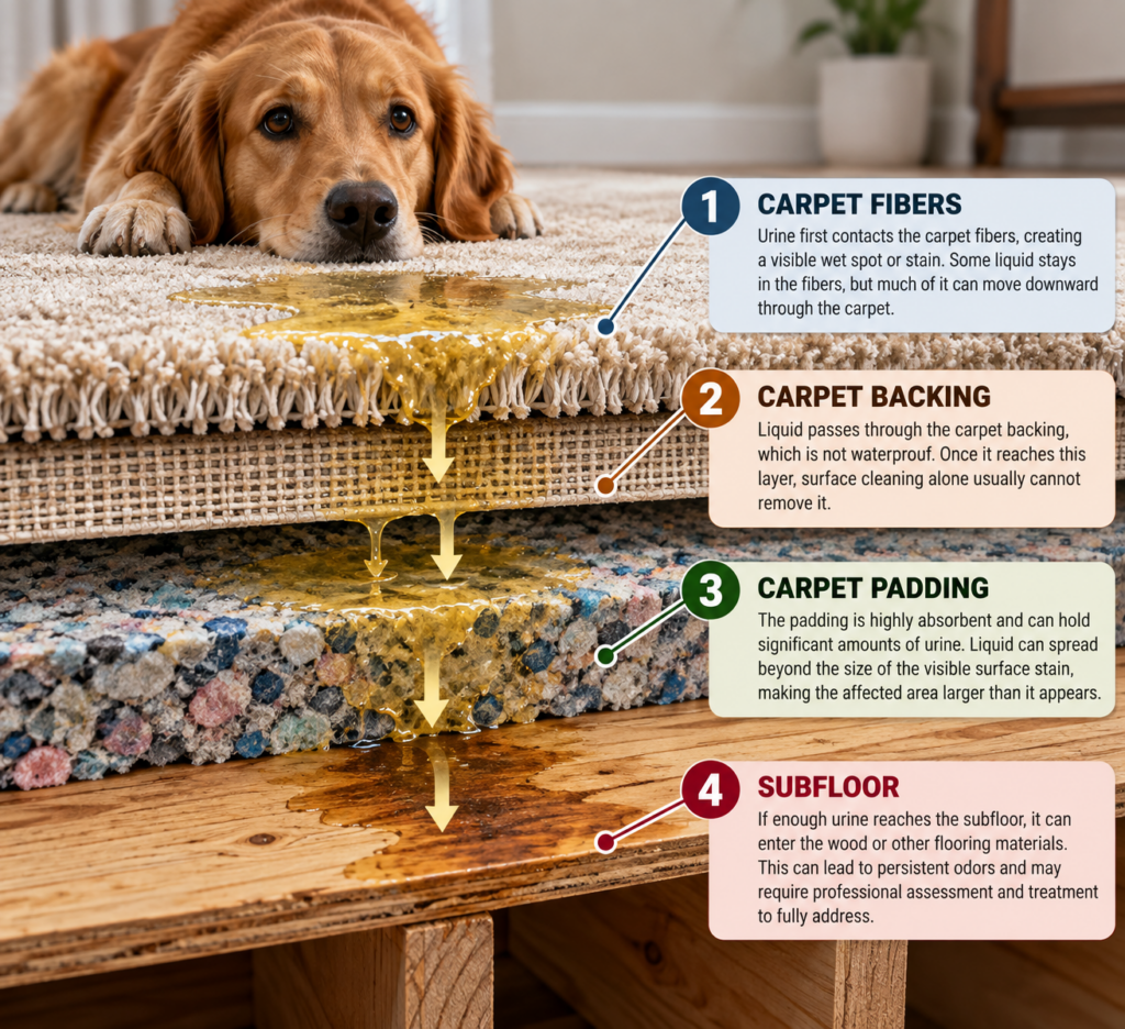 image showing the different layers of subflooring that are affected when accidents happen.