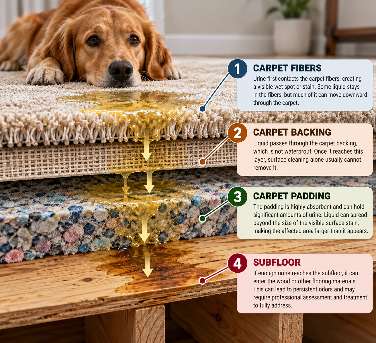 image showing the different layers of subflooring that are affected when accidents happen. 