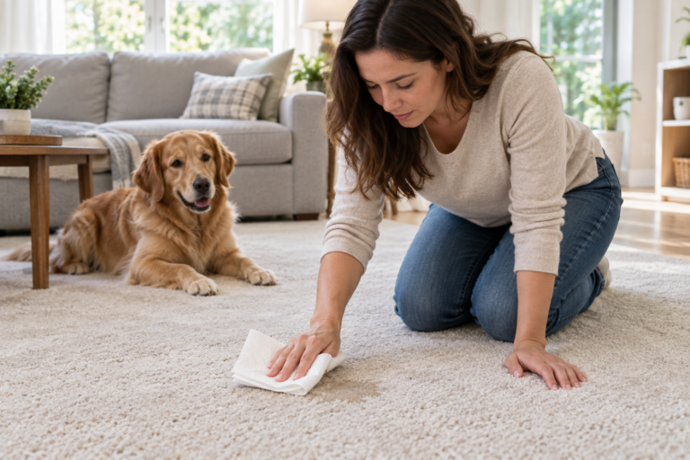 “Homeowner blotting a pet urine stain from a light-colored living-room carpet while a dog watches nearby.”