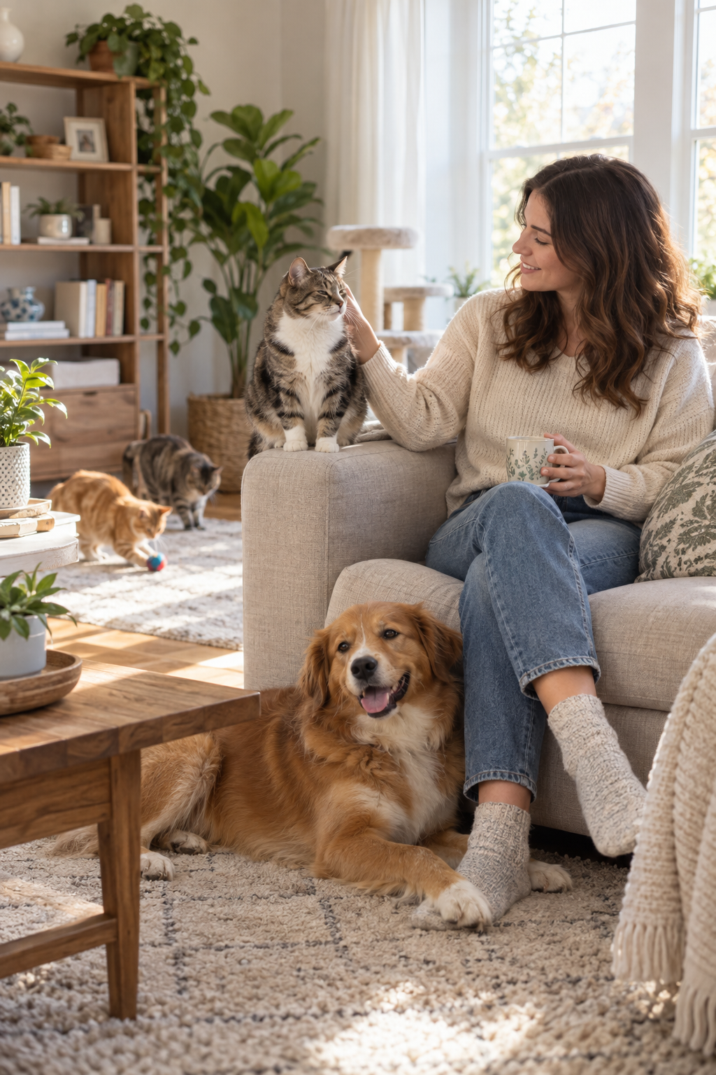 a pet friendly environment where a pet owner pats her cat and has a dog near her feet.