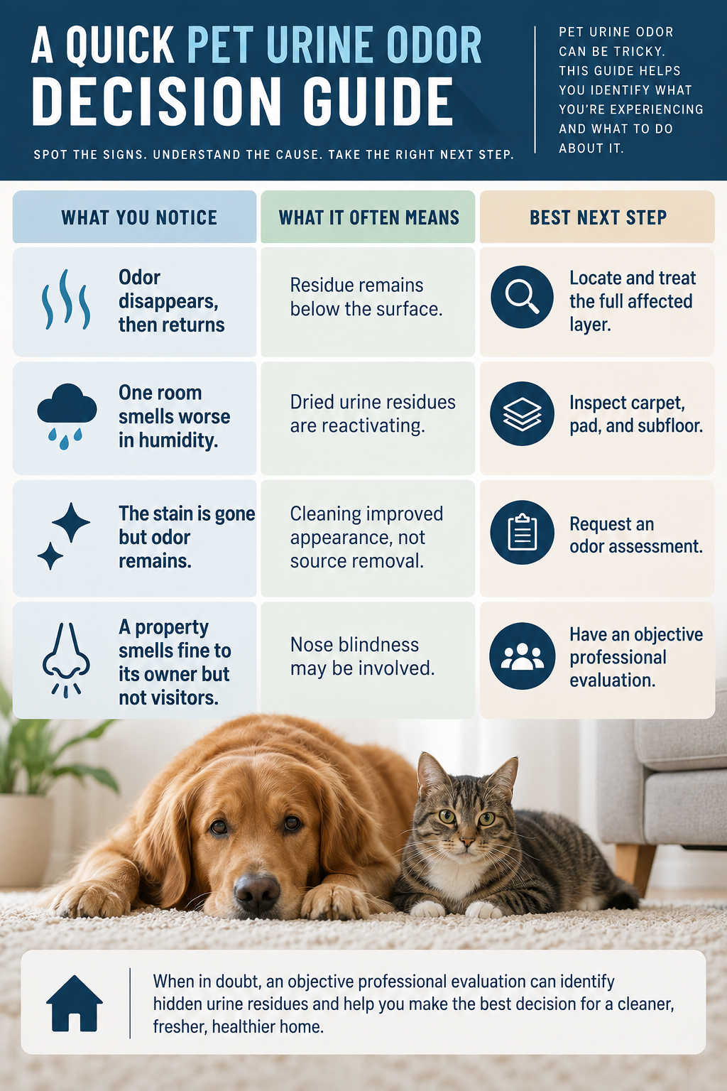 nfographic titled “A Quick Pet Urine Odor Decision Guide” showing four common warning signs of hidden pet urine contamination, what each may indicate, and recommended next steps, including inspecting carpet, padding and subfloor, locating affected layers, and requesting a professional odor assessment.