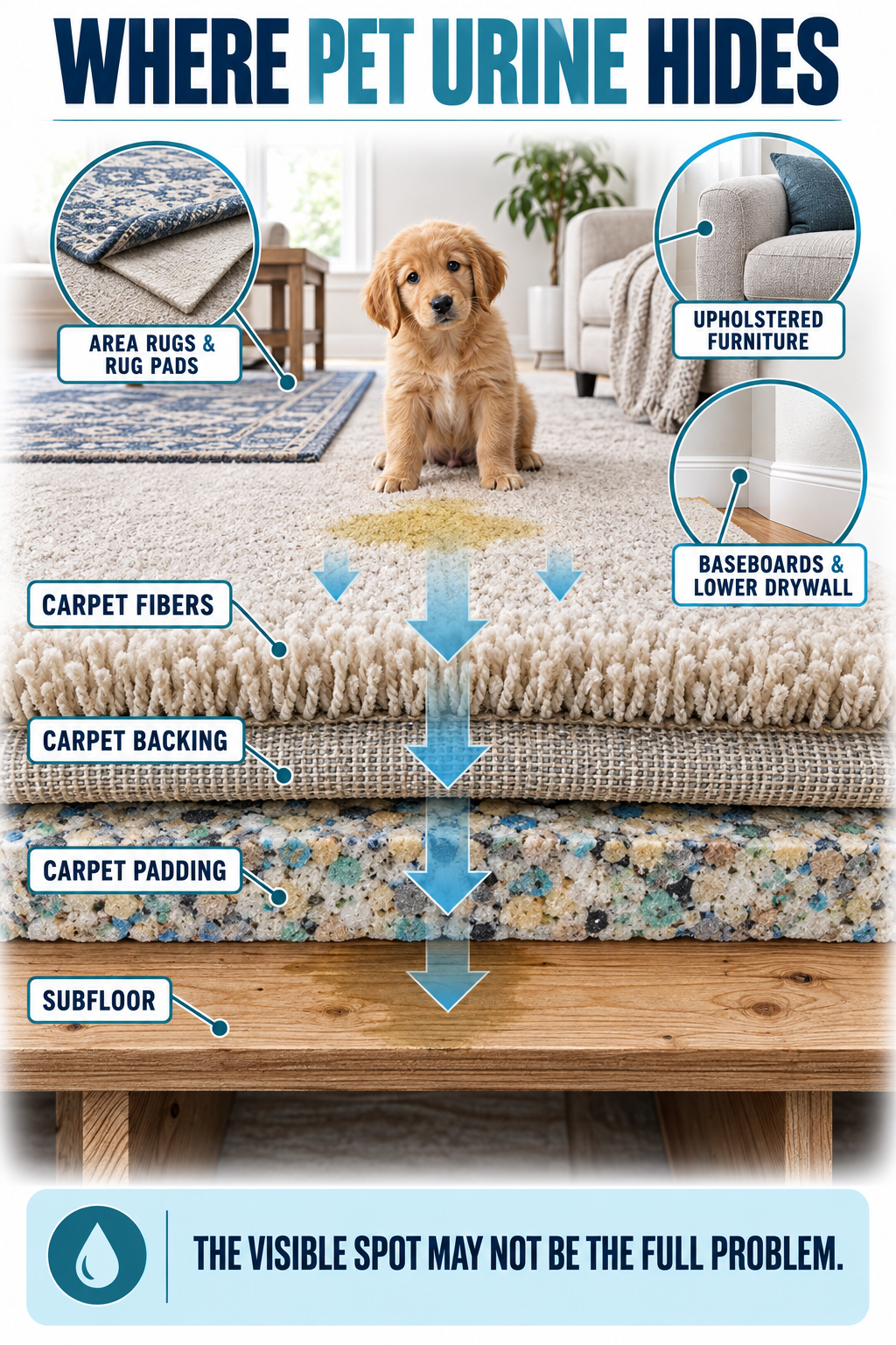 infograph showing the places that pet urine hides once it is on the surface. 