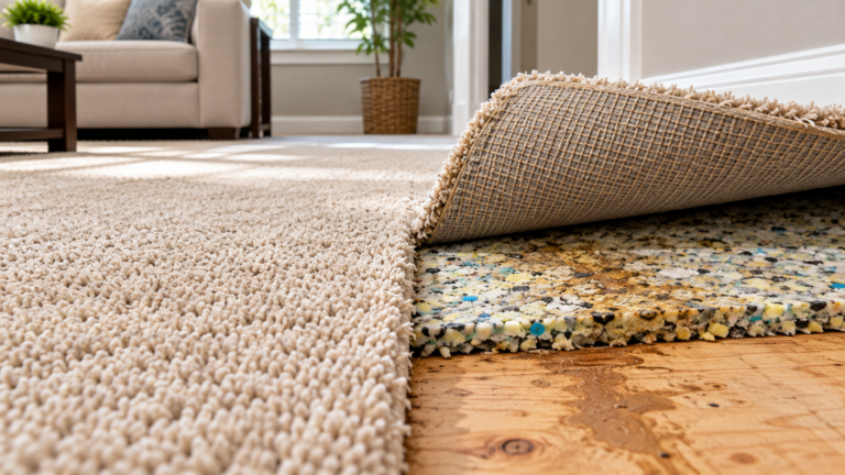 Cross section image of a carpet and the layers that pet urine can go down through showing how hard it is to get odor out of carpeting.