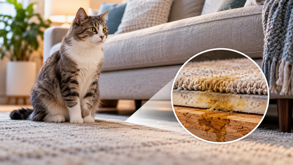 image displaying a cut away segment of cat urine that gets to the subflooring. 