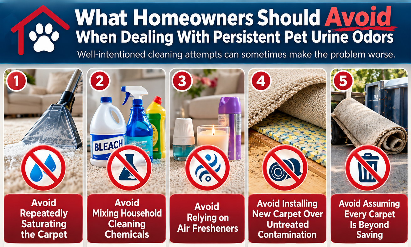 infograph showing 5 mistakes homeowners make when dealing with pet odor and carpets. 
