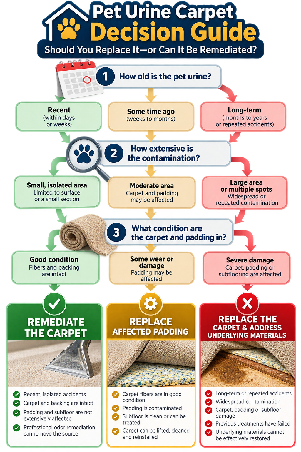 an infograph depicting the three decisions for remediation or for carpet removal.