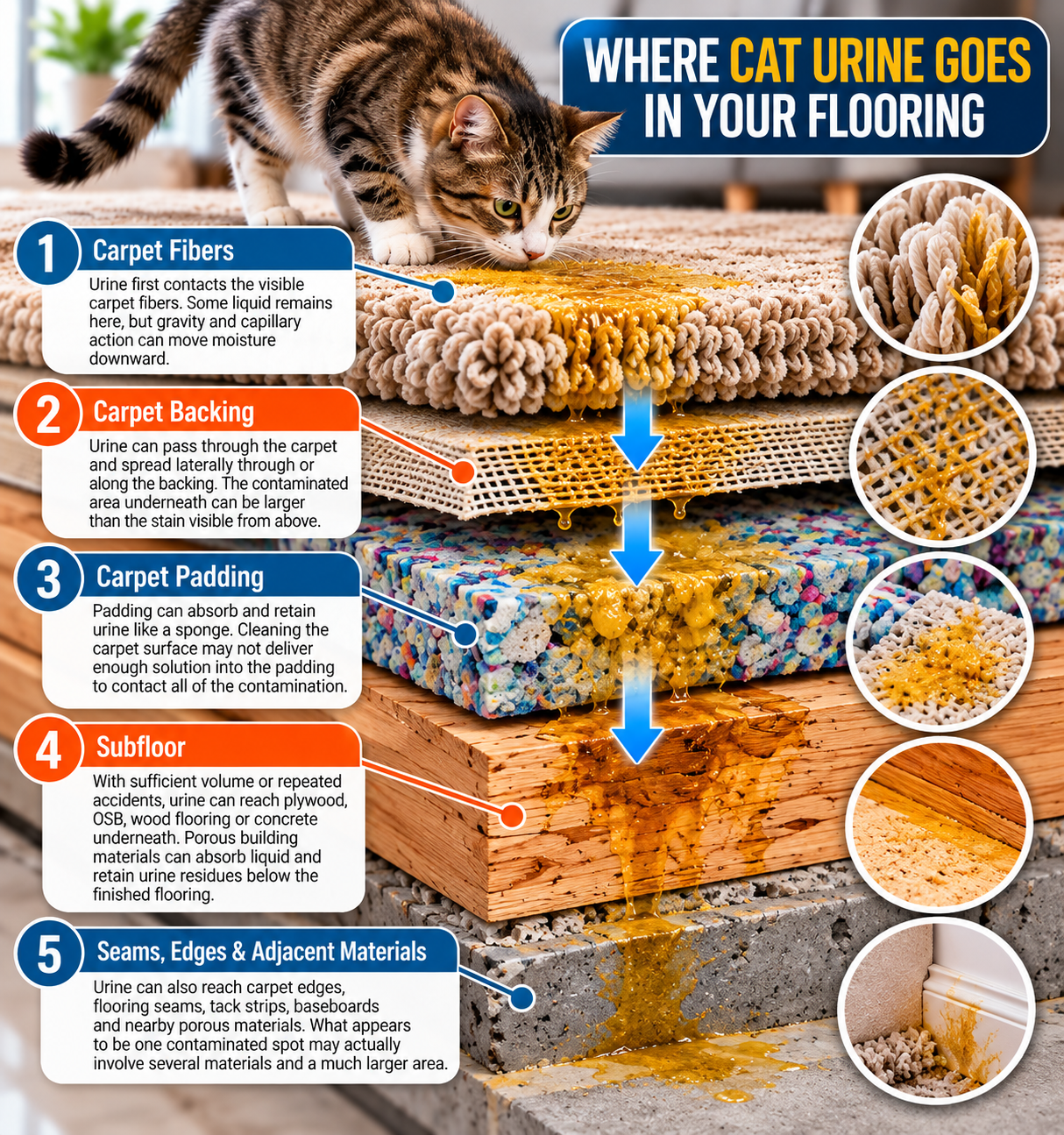 Infographic showing how cat urine penetrates carpet fibers, carpet backing, padding, subflooring, seams, and adjacent materials, causing hidden pet odor contamination.