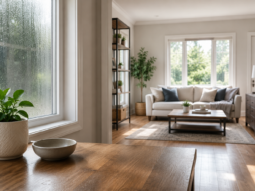 CarolinaOdorPros Home a visibly clean home with a white couch, plants, bookshelf, and a window with condensation
