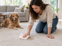 “Homeowner blotting a pet urine stain from a light-colored living-room carpet while a dog watches nearby.”