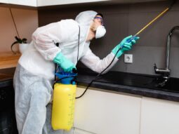 House pest control a person wearing protective gear and spraying under the kitchen chimney.